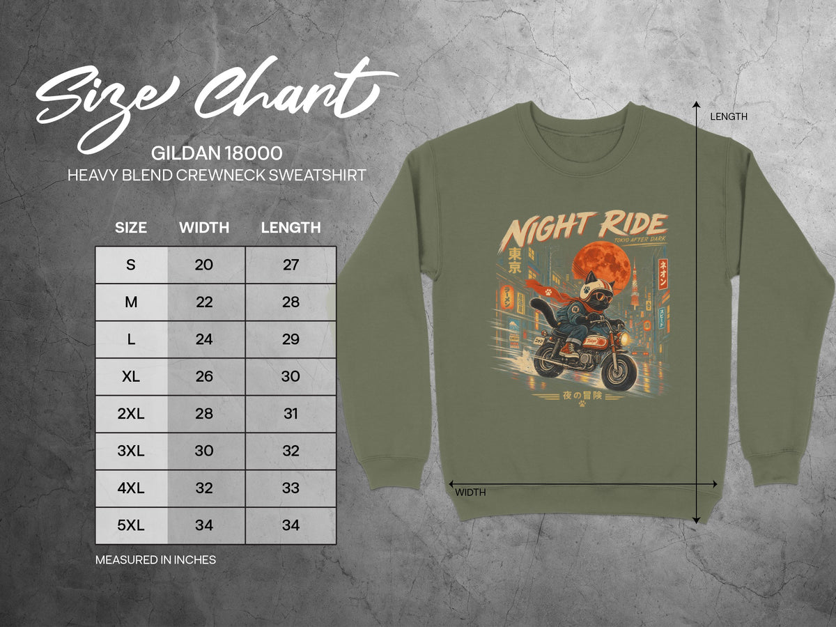 Gildan 18000 sweatshirt size chart with cat graphic and Tokyo night scene.