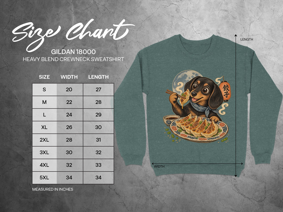 Gildan 18000 size chart with dachshund eating dumplings graphic.