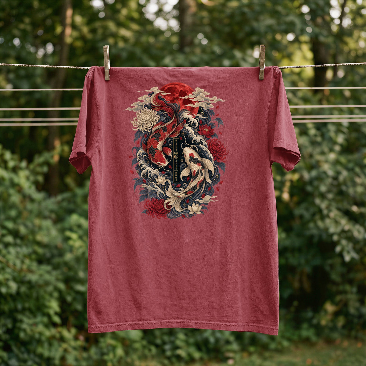 Red t-shirt with a graphic of two koi fish, clouds, and flowers.