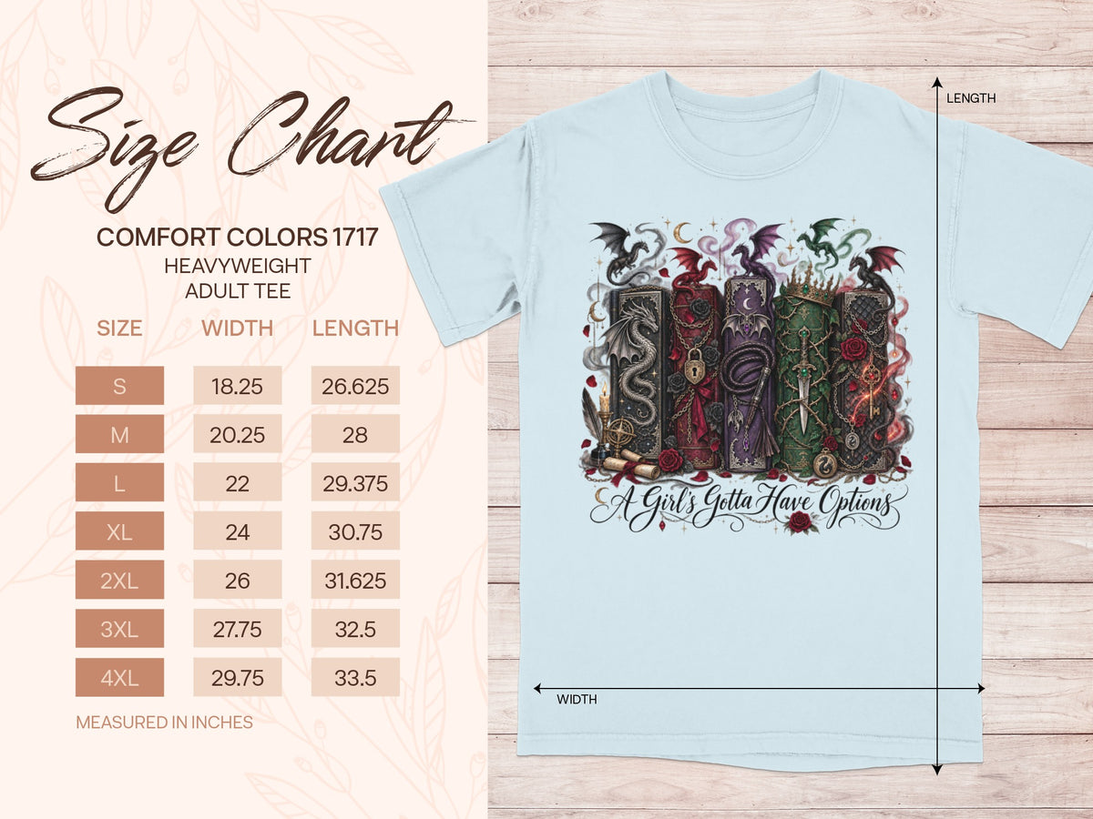 Size chart for Comfort Colors 1717 adult tee with dragons and books graphic.