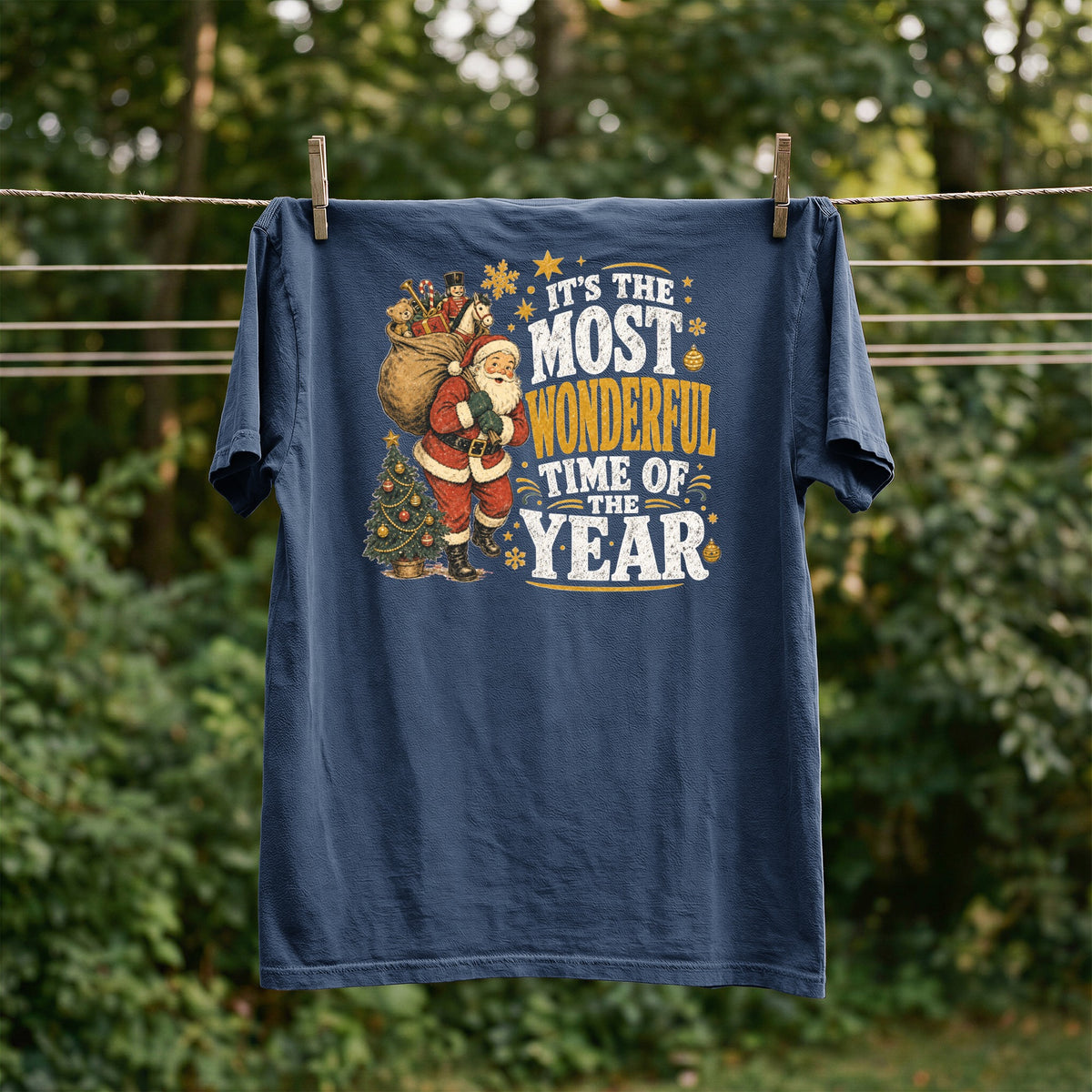 Navy t-shirt with Santa and gifts, reading "It's The Most Wonderful Time Of The Year".