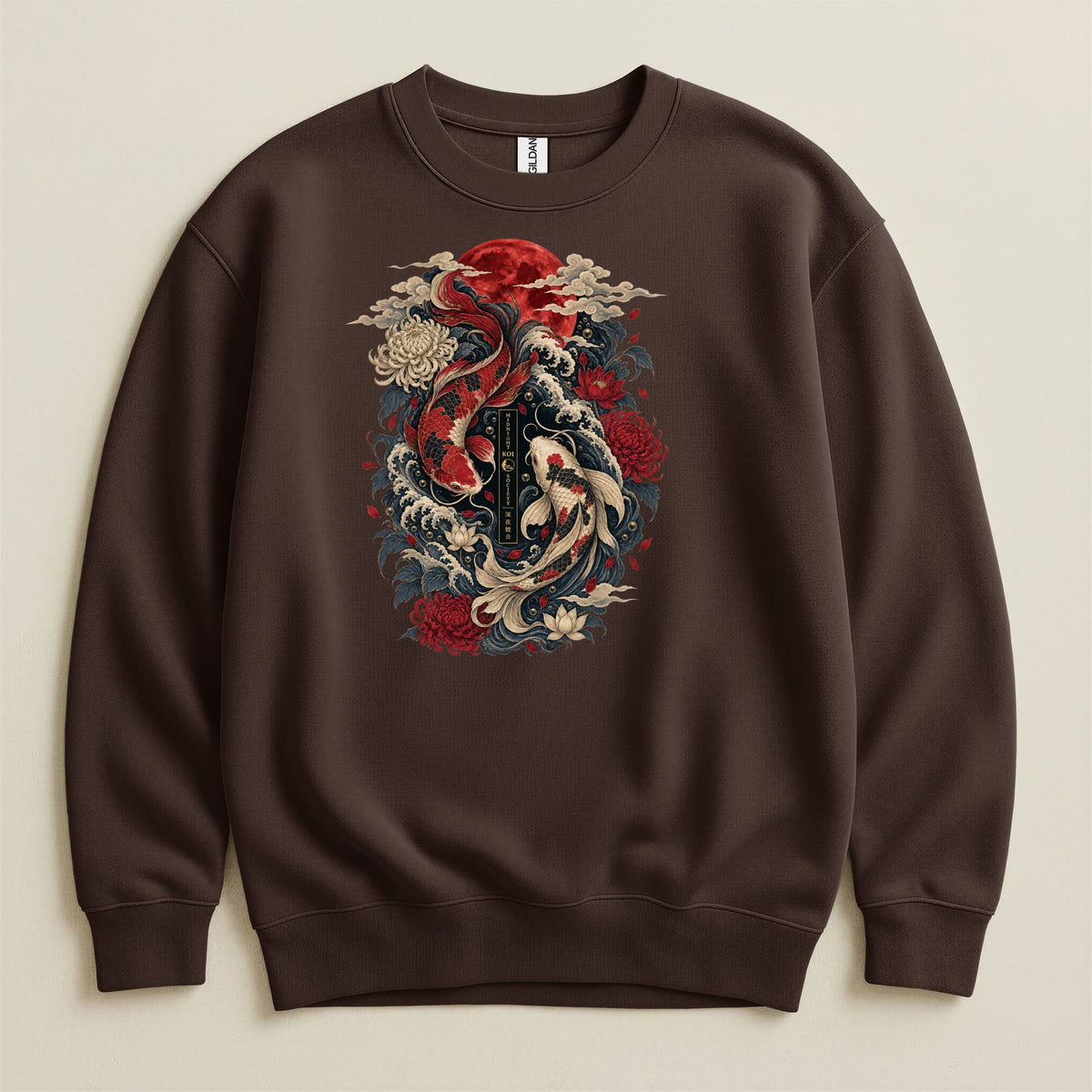 Brown sweatshirt with a circular design of two koi fish, red moon, and flowers.