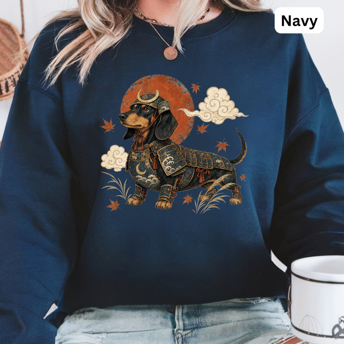 Dachshund in samurai armor with moon and clouds, navy sweatshirt.