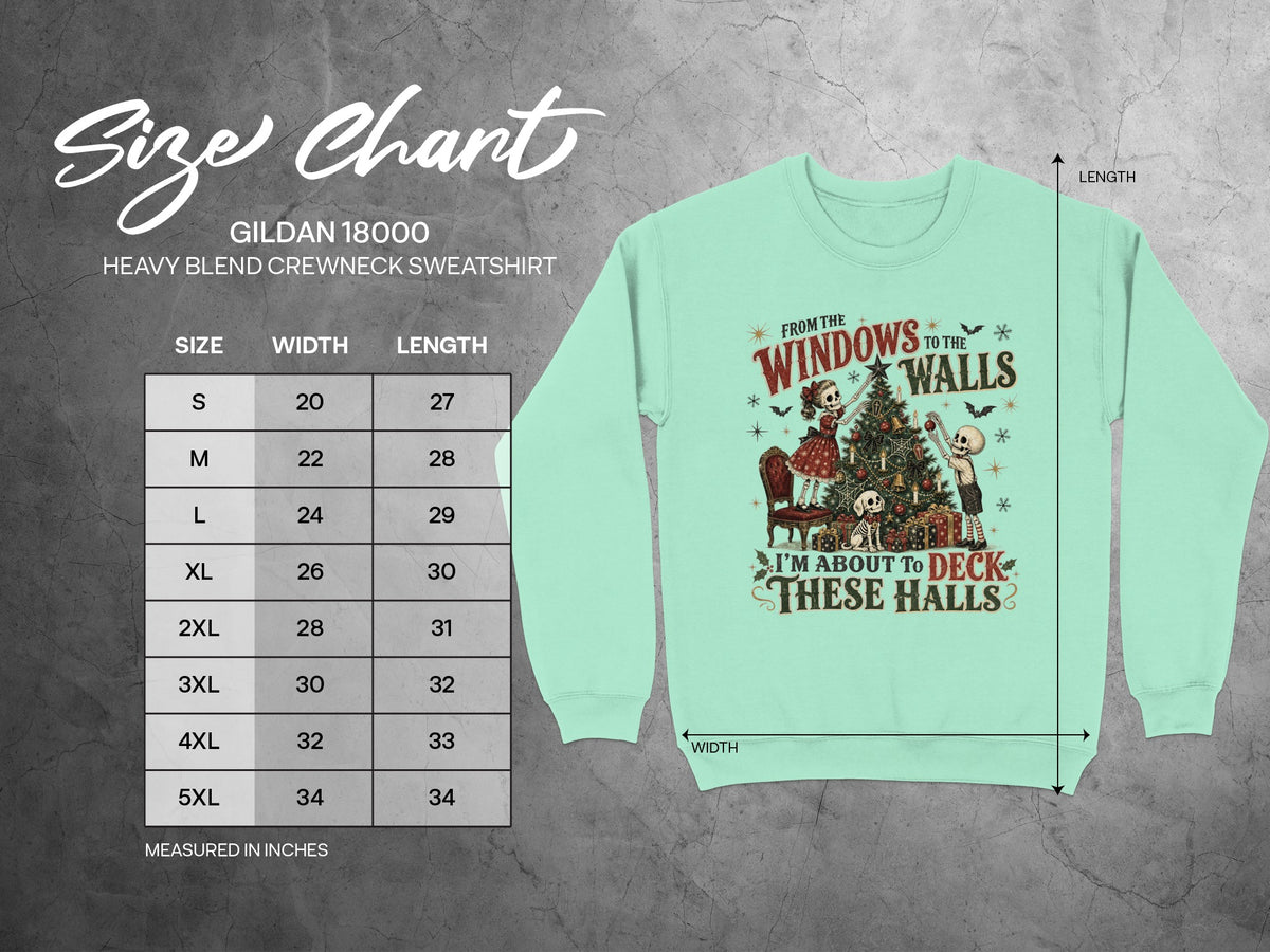 Gildan 18000 sweatshirt size chart with width and length measurements in inches.