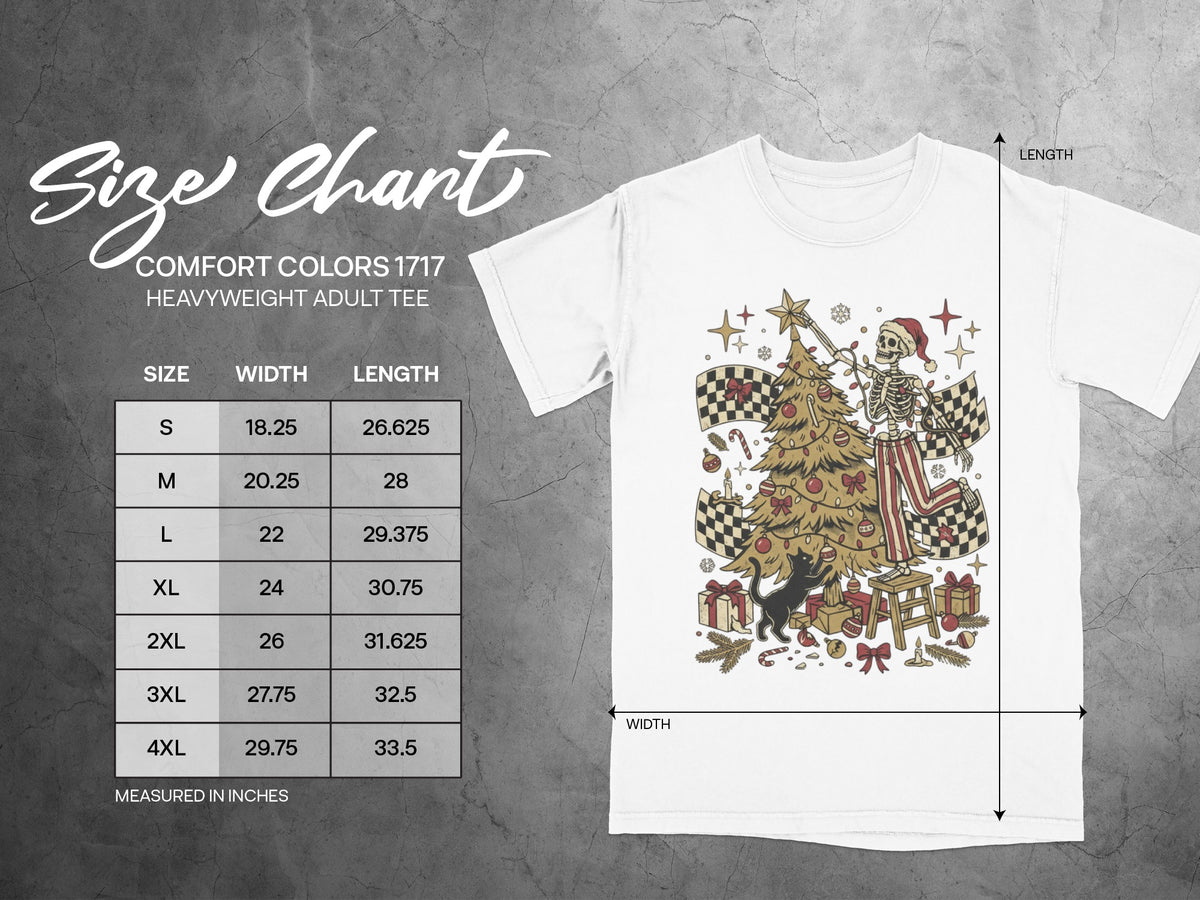 Comfort Colors 1717 heavyweight adult tee size chart with Christmas skeleton graphic.