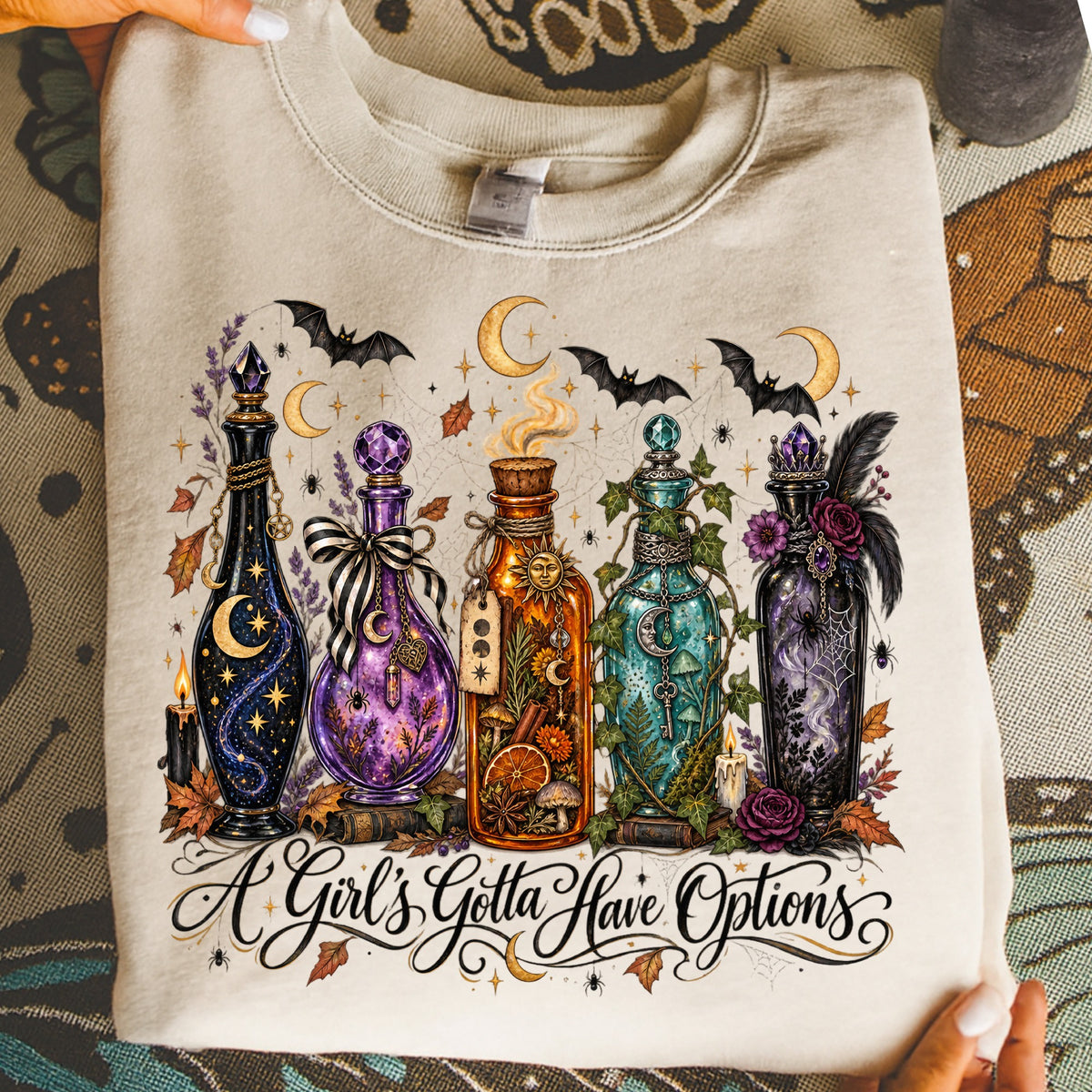 Witchy potion bottles with bats, moons, and text "A Girl's Gotta Have Options".