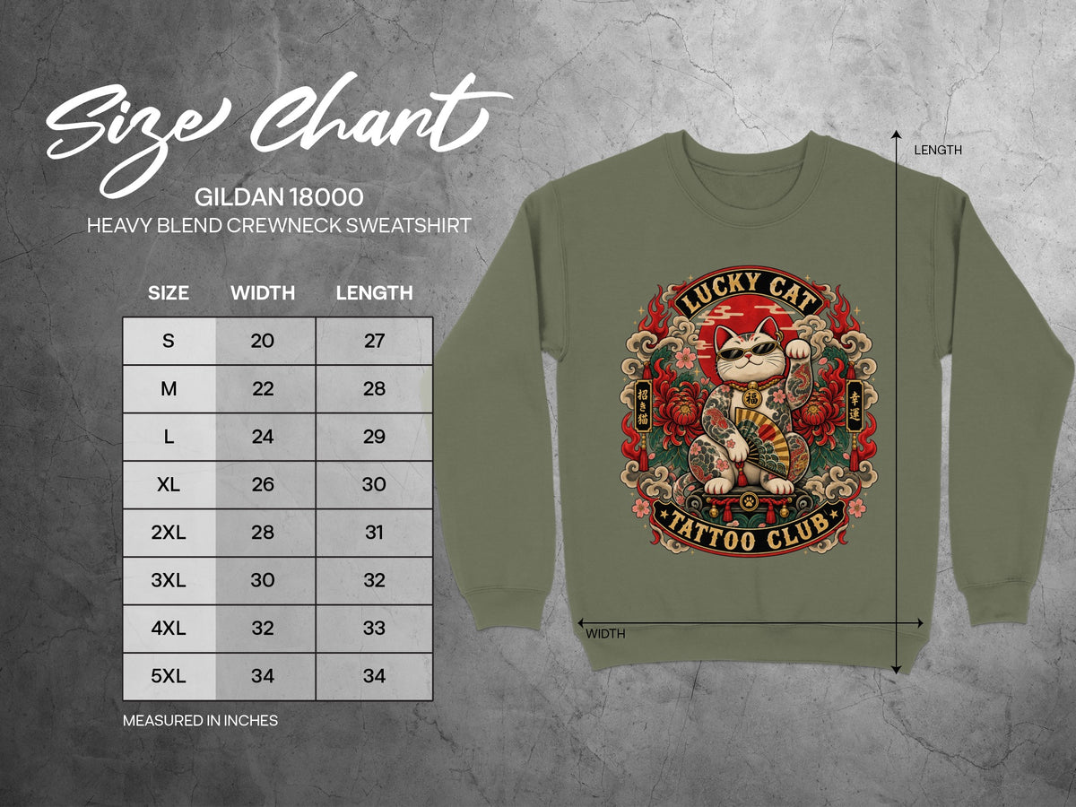 Gildan 18000 sweatshirt size chart with measurements in inches for width and length.