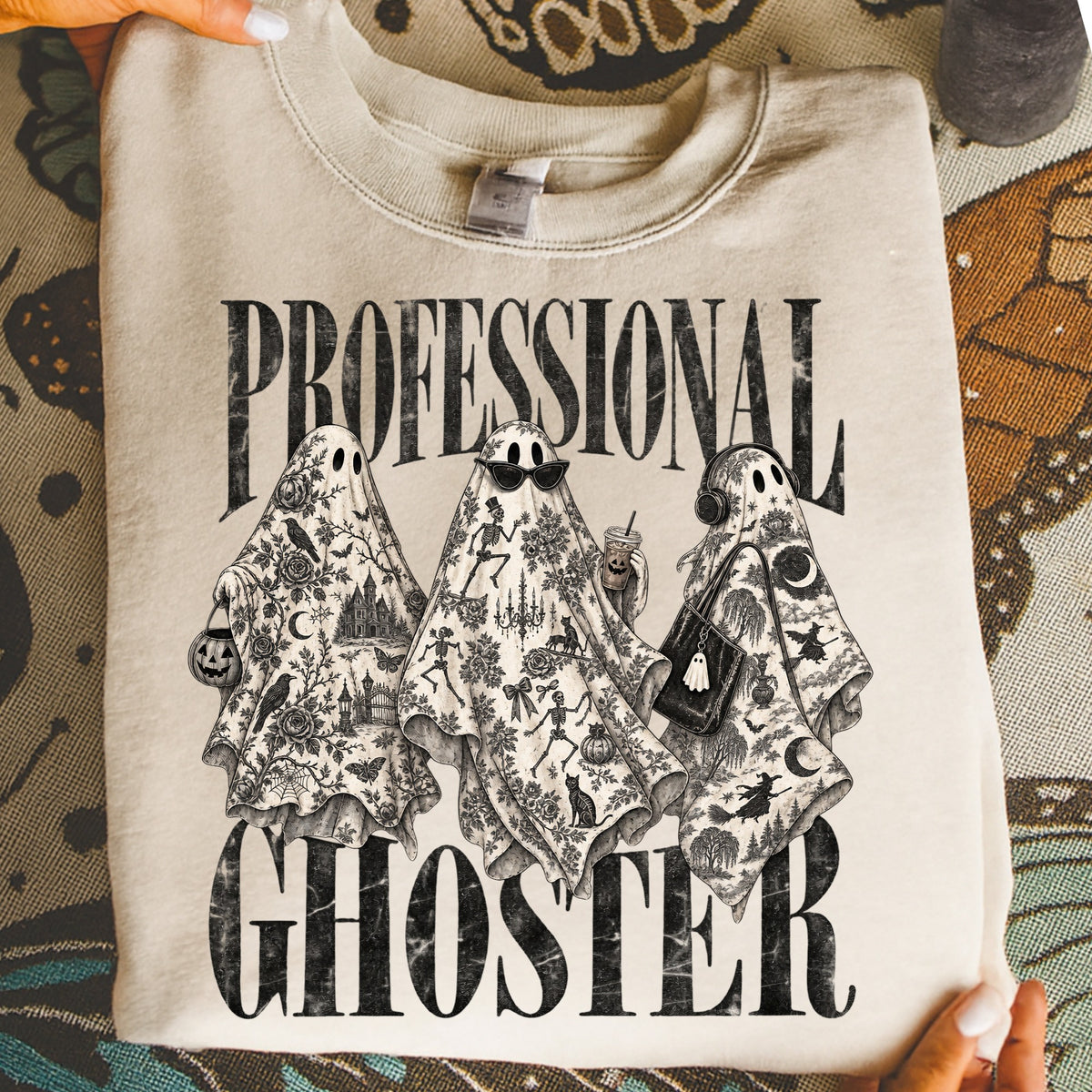 Sweatshirt with "PROFESSIONAL GHOSTER" text and three patterned ghosts.