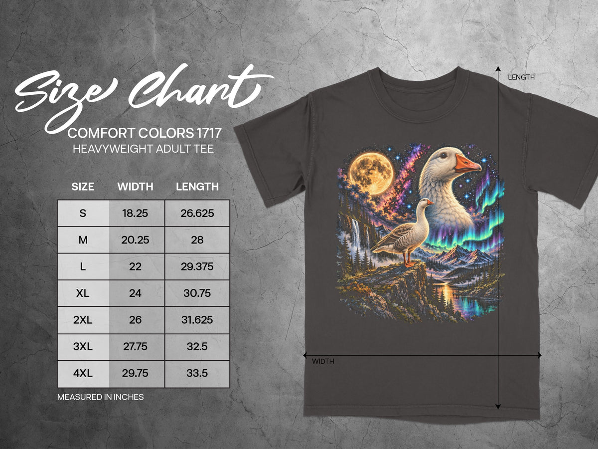 Size chart for Comfort Colors 1717 heavyweight adult tee with goose graphic.