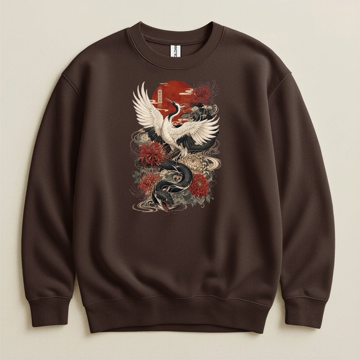 Brown sweatshirt with a traditional Japanese art print of a crane and snake.