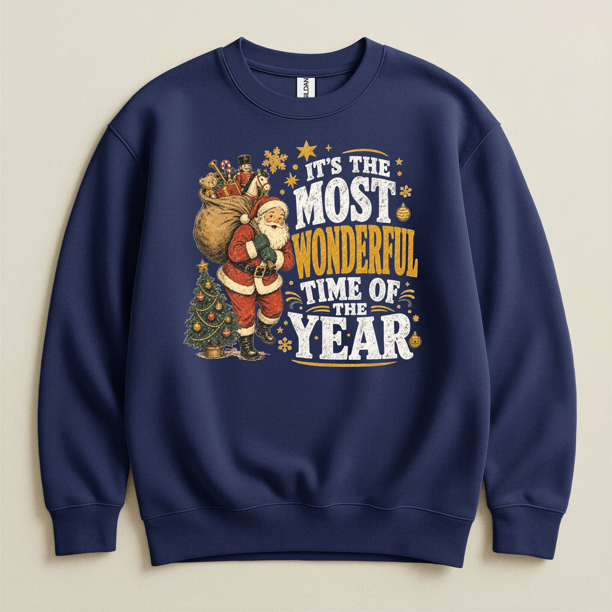Navy sweatshirt with Santa, Christmas tree, and "It's the Most Wonderful Time of the Year" text.