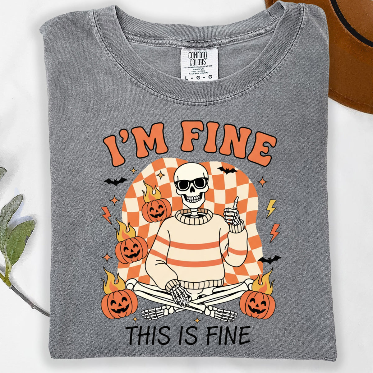 Gray t-shirt with skeleton, pumpkins, bats, and text "I'M FINE THIS IS FINE".
