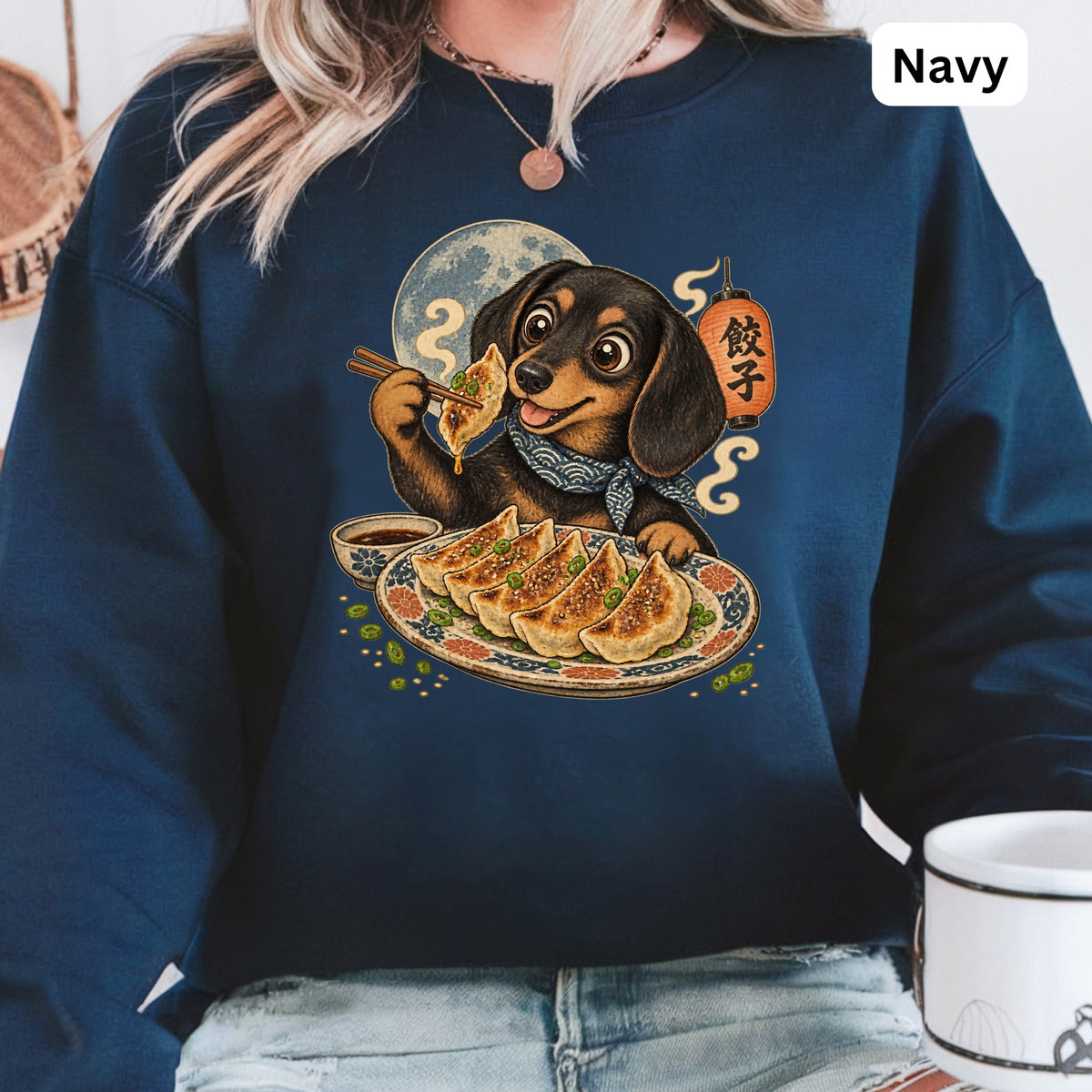 Dachshund wearing bandana eats dumplings with chopsticks near moon and lantern.
