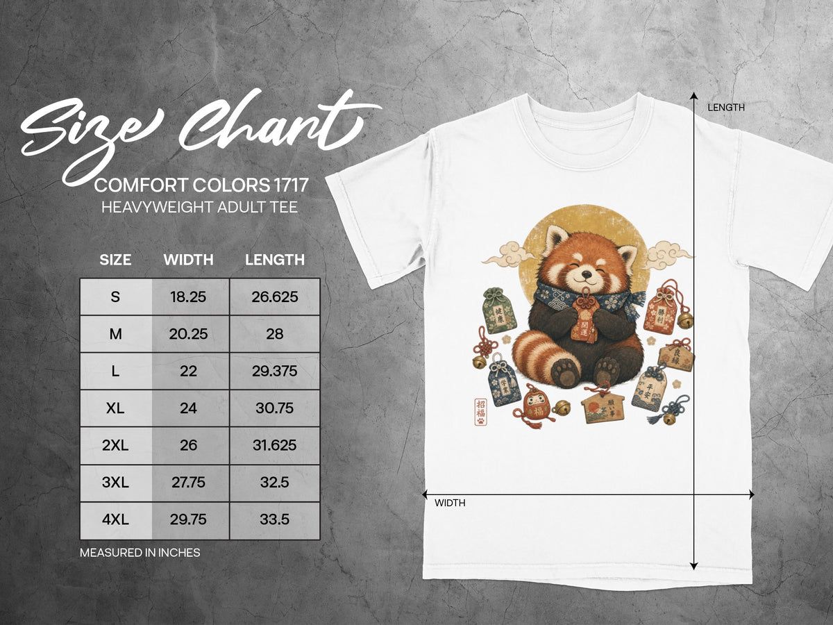 Size chart for Comfort Colors 1717 heavyweight adult tee with red panda graphic.