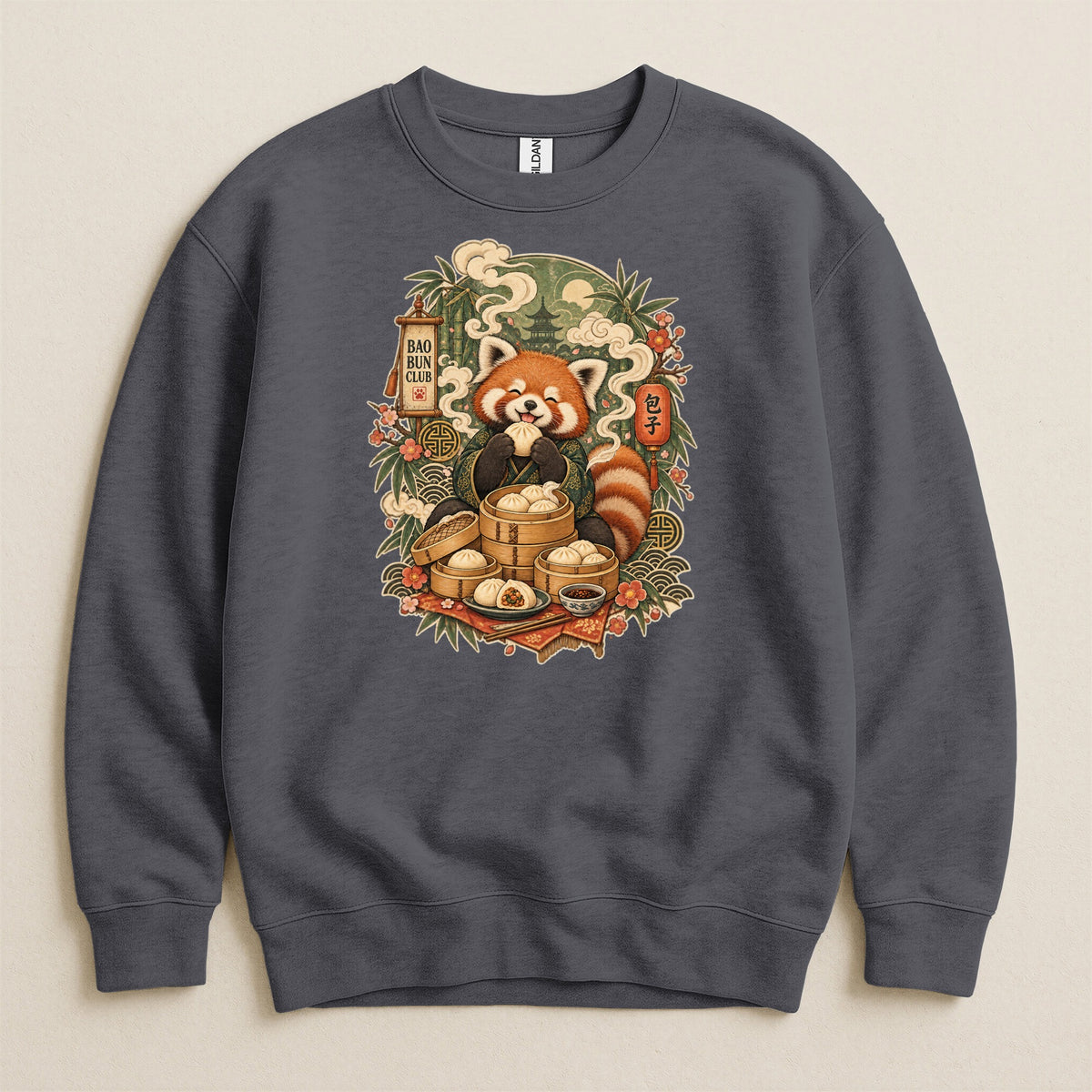 Red panda eating dumplings surrounded by flowers and Asian motifs.