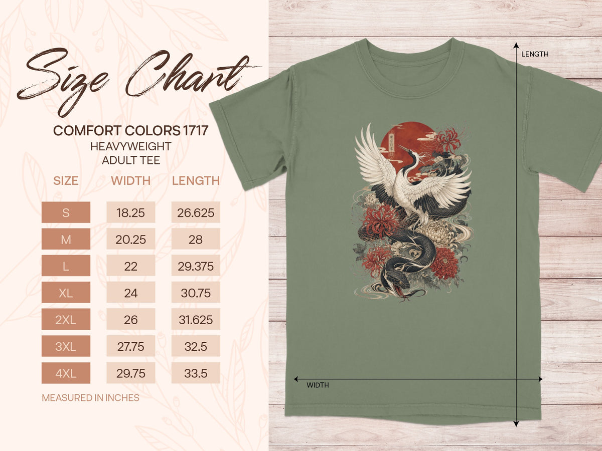 Size chart for Comfort Colors 1717 heavyweight adult tee with oriental art graphic.