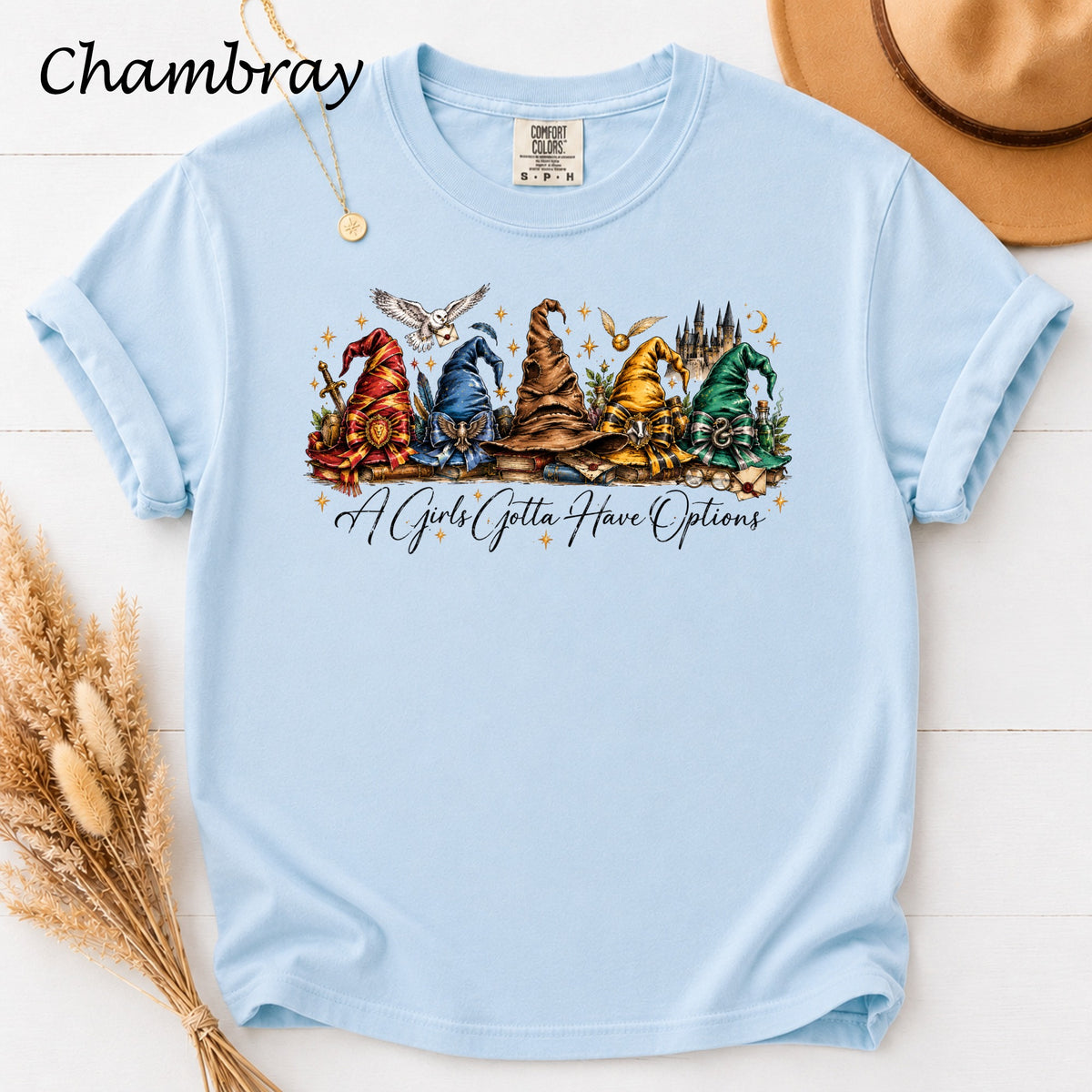 Light blue t-shirt with wizard hats, owl, castle, and "A Girls Gotta Have Options" text.
