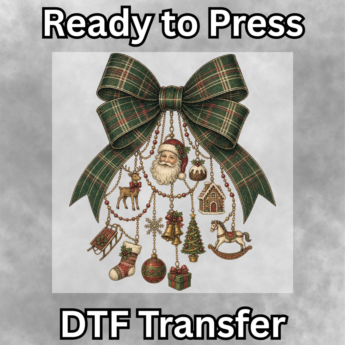 Green Plaid Christmas Bow DTF Transfer- 060