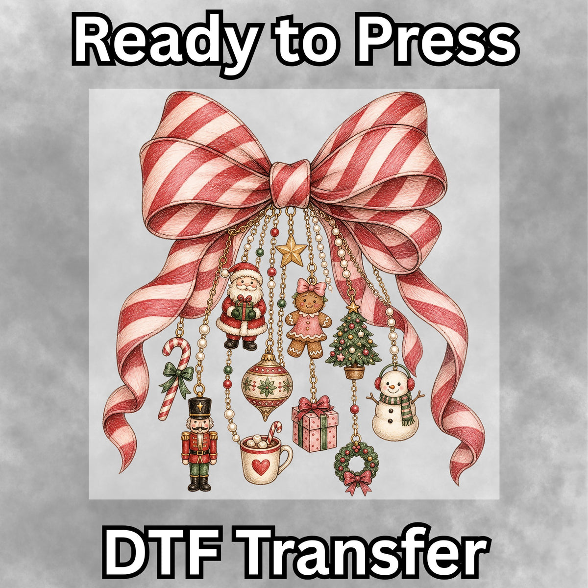 Candy Cane Festive Charm Bow DTF Transfer- 059
