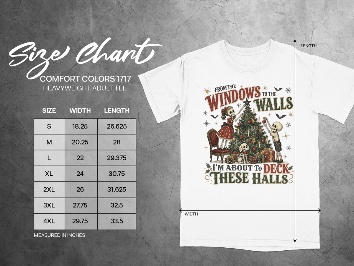 White t-shirt with skeleton Christmas graphic and size chart details.