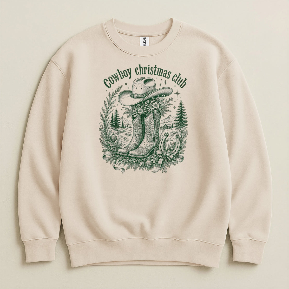 Crewneck sweatshirt with "Cowboy Christmas Club" text and western holiday graphic.