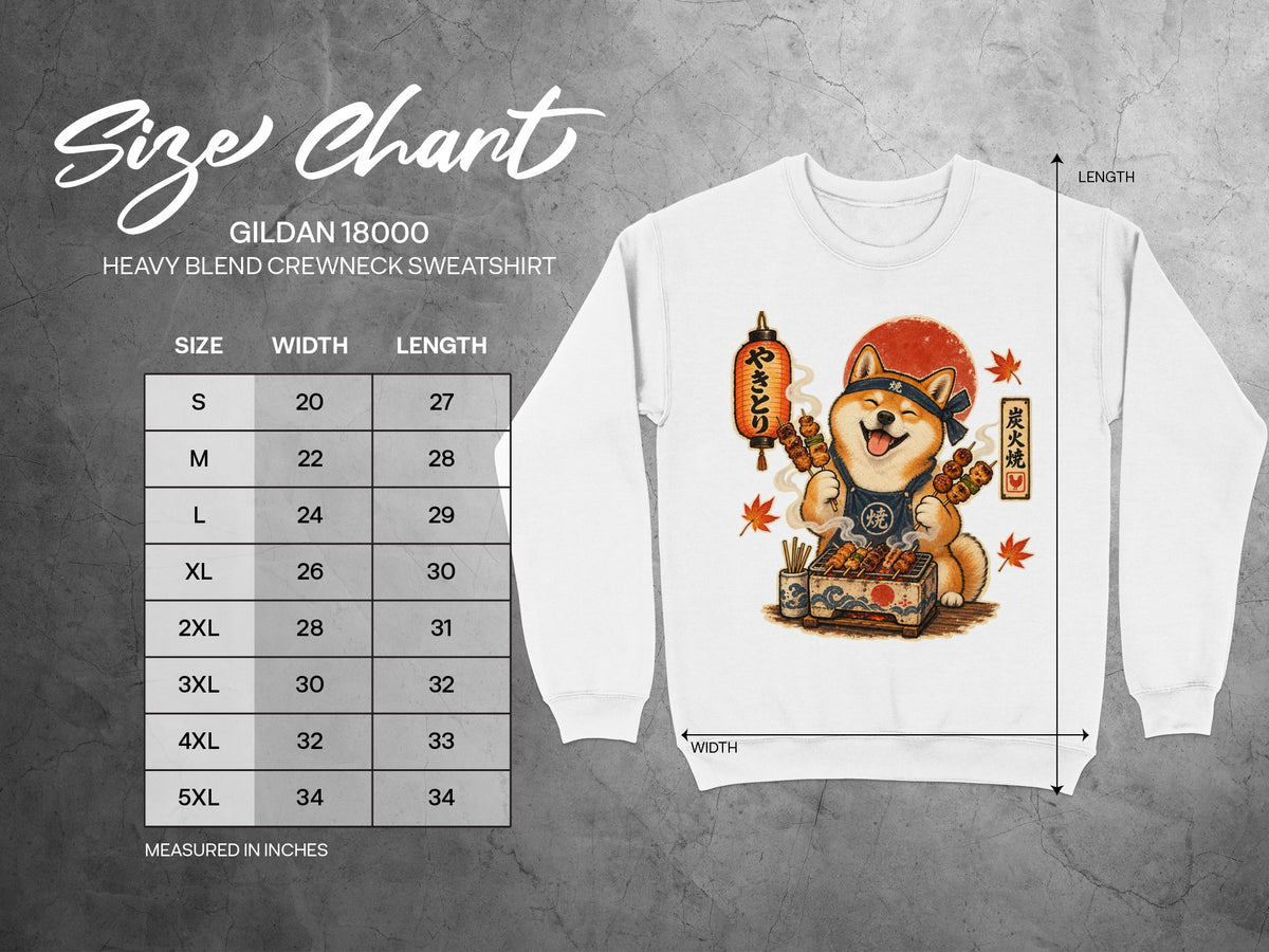 Gildan 18000 size chart for heavy blend crewneck sweatshirt with Shiba Inu grilling.