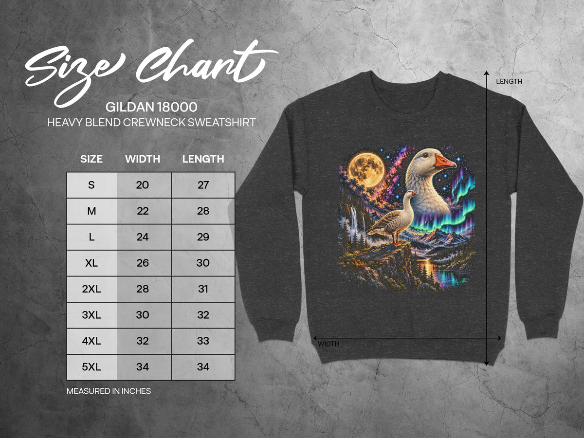 Gildan 18000 sweatshirt size chart with measurements in inches.