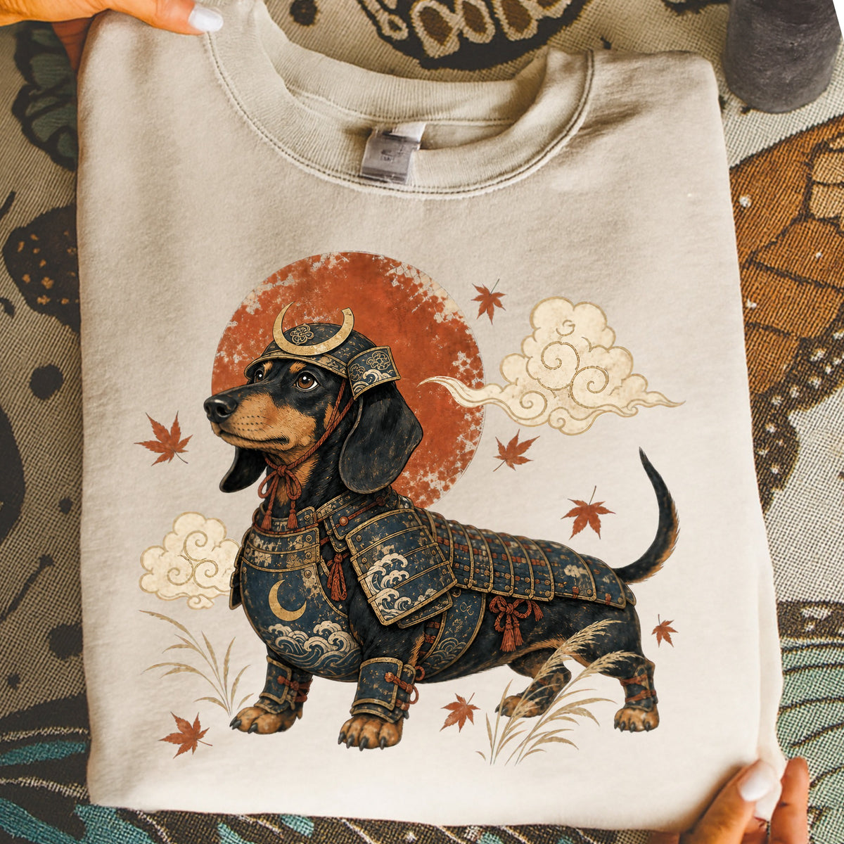 Dachshund in samurai armor with Japanese motifs on a cream sweatshirt.