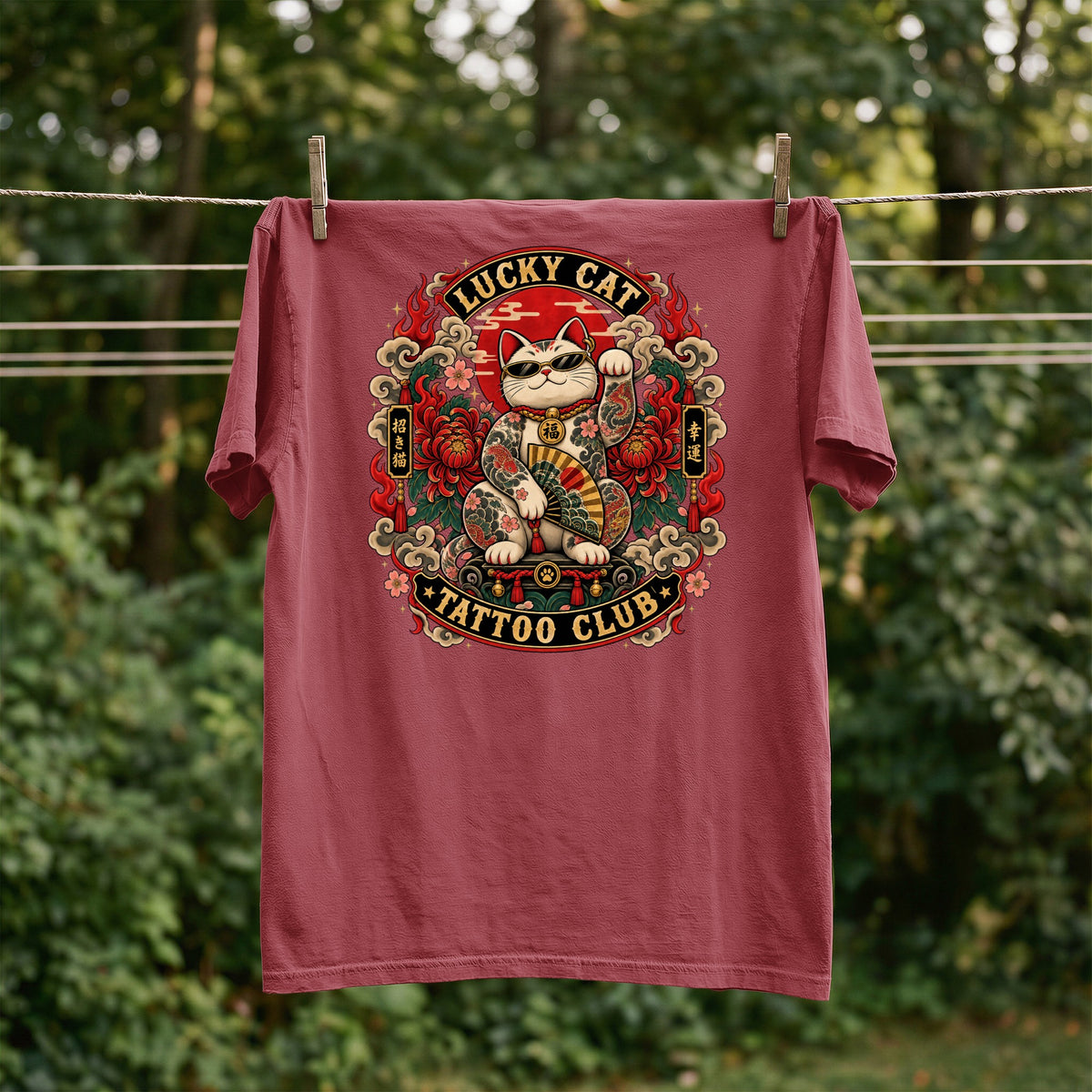 Maroon t-shirt with "Lucky Cat Tattoo Club" graphic featuring a tattooed maneki-neko.