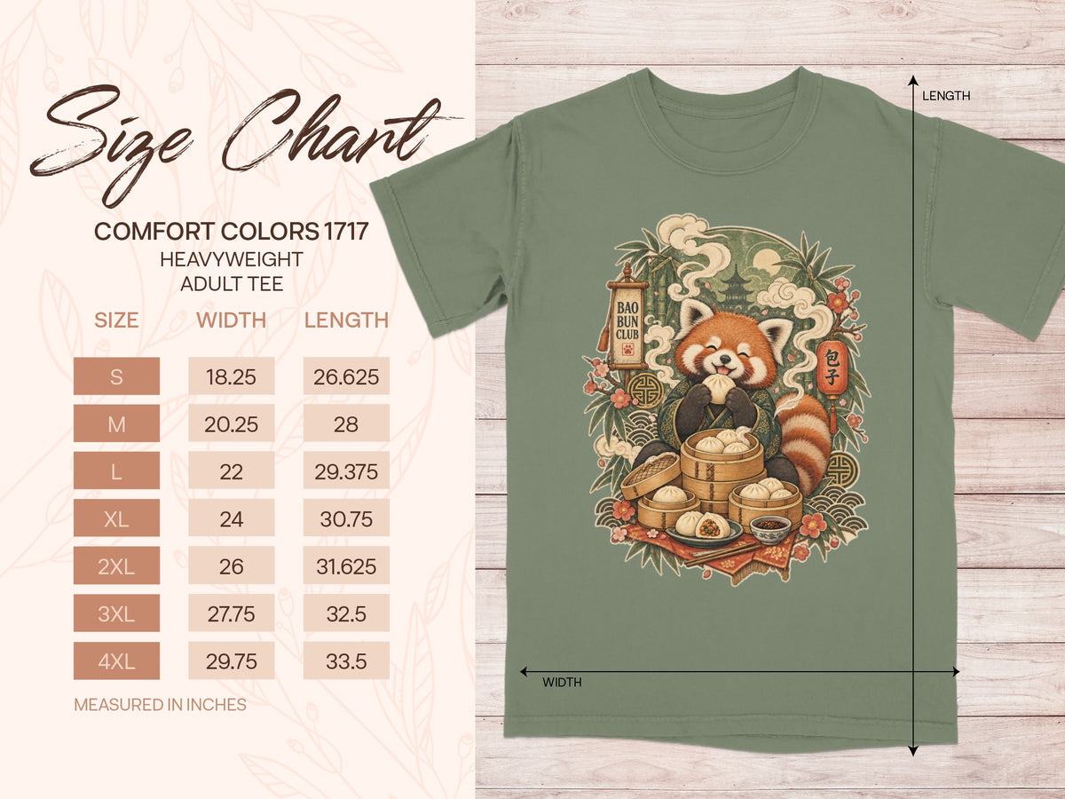 Comfort Colors 1717 size chart for a heavyweight adult tee with panda graphic.