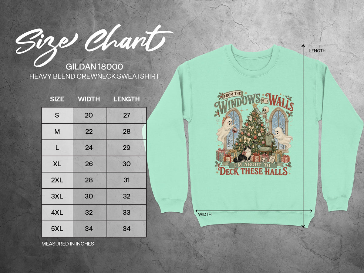 Gildan 18000 size chart with Halloween graphic and measurements.