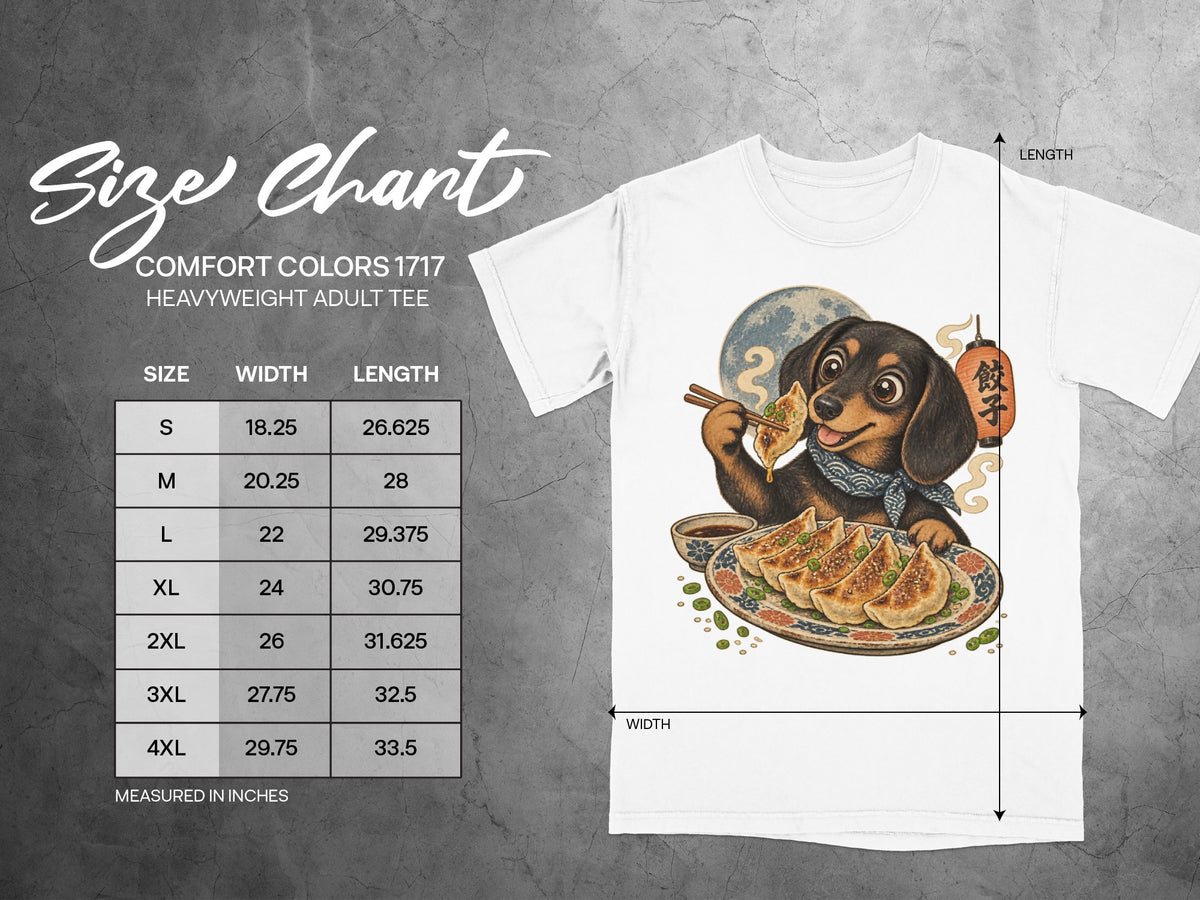 Size chart for a Comfort Colors 1717 heavyweight adult tee with dachshund graphic.