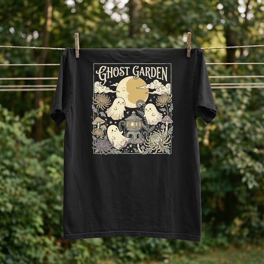 Black t-shirt with "Ghost Garden" text and three ghosts in a garden.