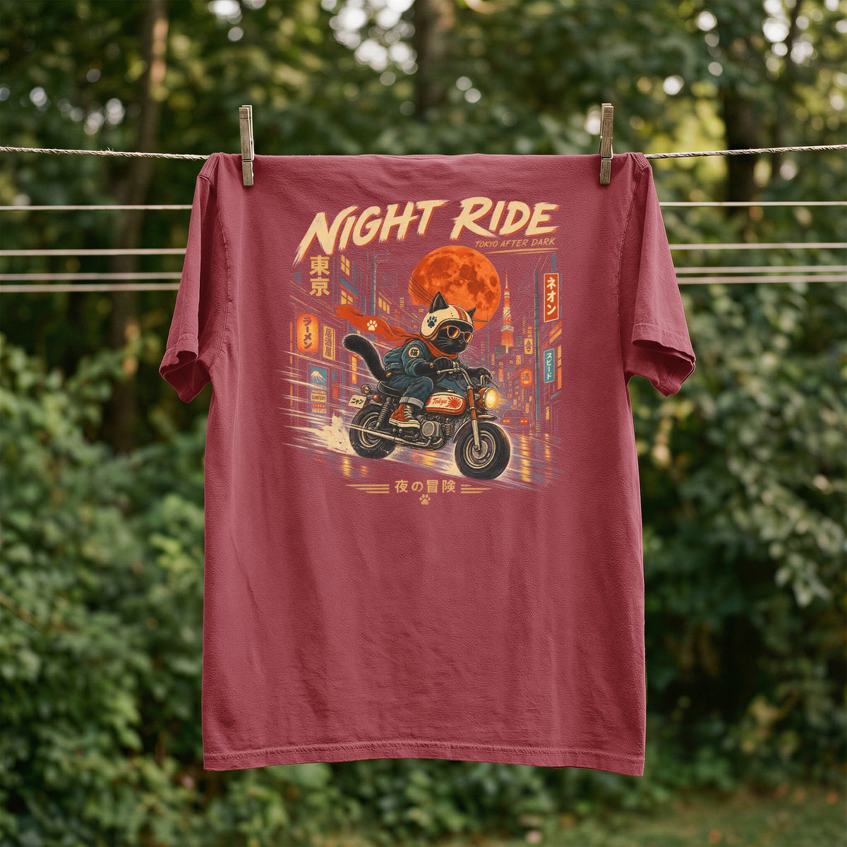 T-shirt with cat on motorcycle graphic, "Night Ride Tokyo After Dark" text.