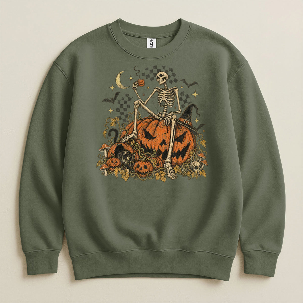 Skeleton holding pumpkin mug on pumpkins with black cat, moon, bats, and stars.
