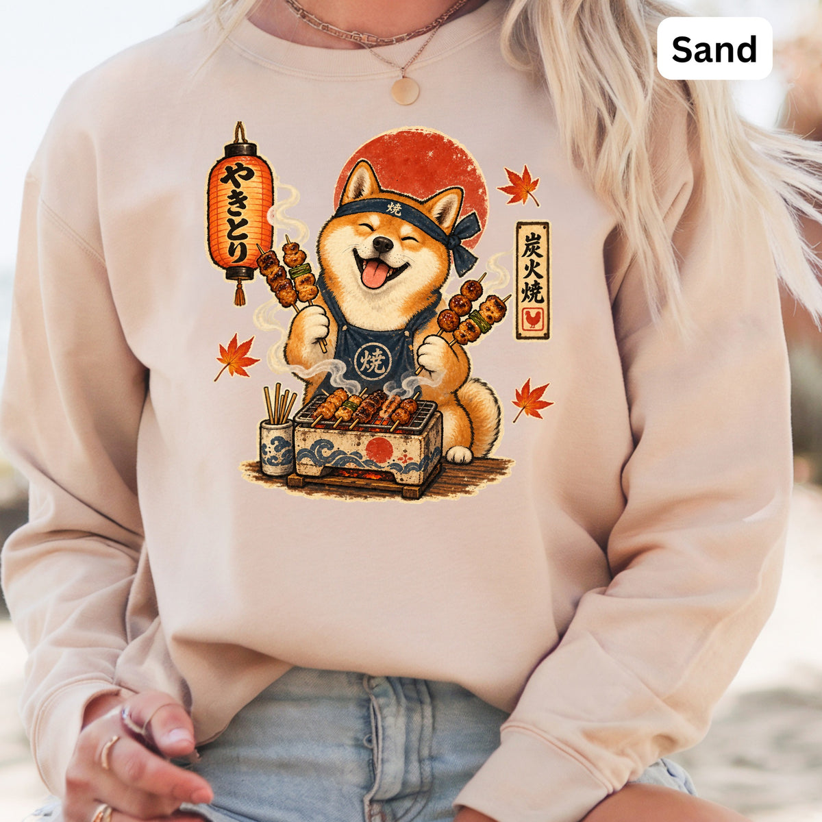Shiba Inu grilling skewers under a Japanese lantern with kanji text.