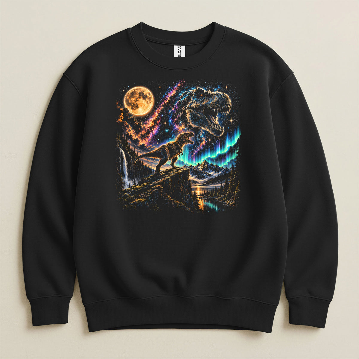 Black sweatshirt with a vibrant graphic of two dinosaurs against a cosmic landscape.
