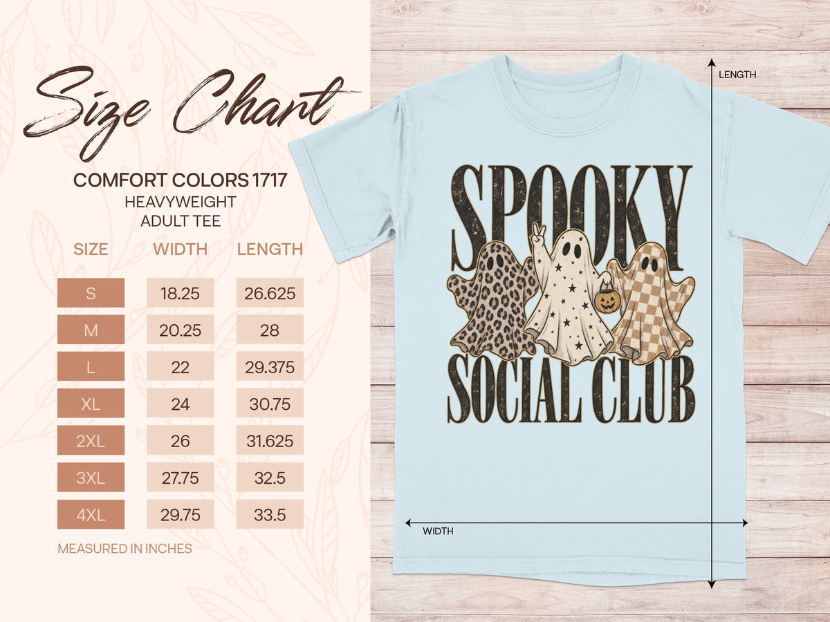 Size chart for Comfort Colors 1717 heavyweight adult tee with "Spooky Social Club" ghost graphic.