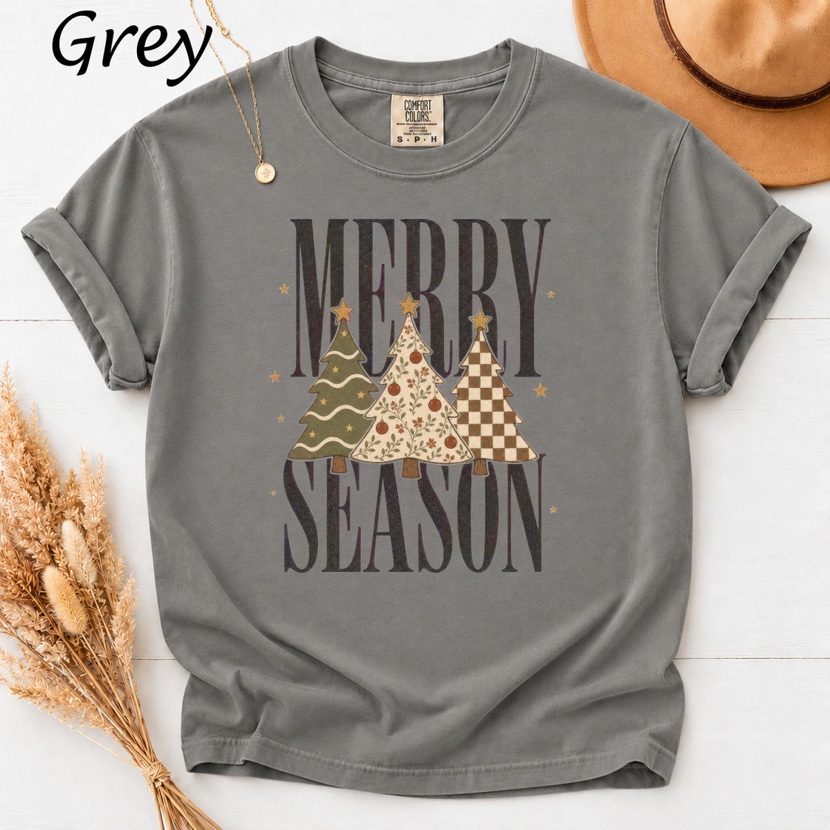 Grey t-shirt with "Merry Season" text and three decorated Christmas trees.