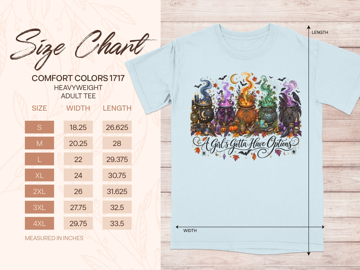 Size chart for Comfort Colors 1717 heavyweight adult tee with Halloween graphic.