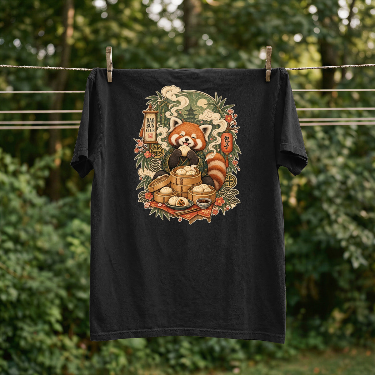 Black t-shirt with a red panda eating bao buns graphic and "Bao Bun Club" text.