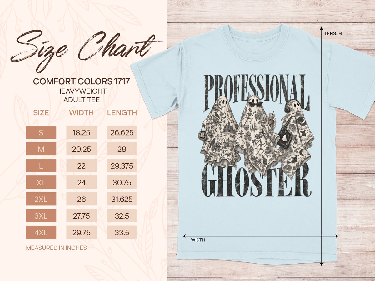 Light blue t-shirt with "Professional Ghoster" graphic and size chart.