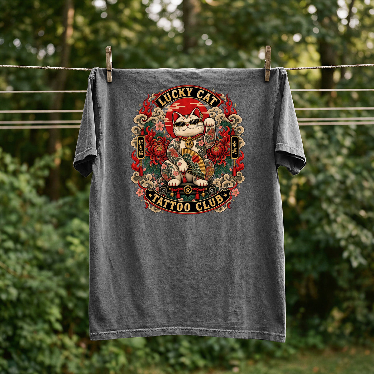 Gray t-shirt with a tattooed lucky cat design featuring sunglasses and a fan.