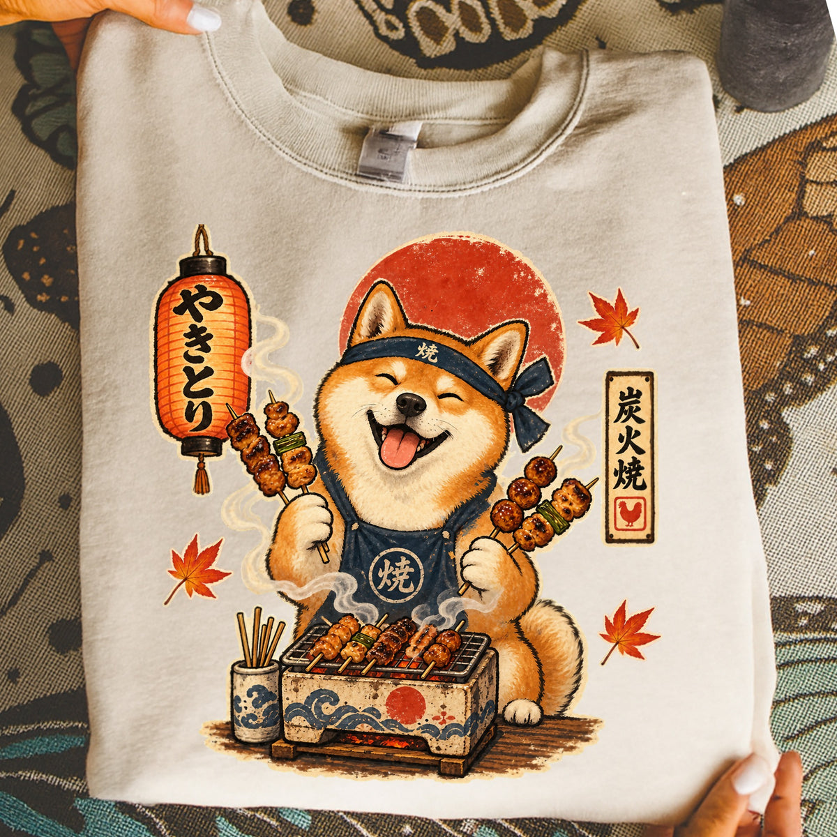 Shiba Inu wearing apron grilling yakitori skewers by a Japanese lantern.