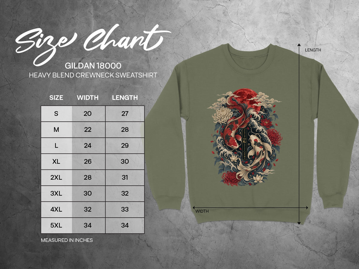 Gildan 18000 sweatshirt size chart with koi fish design.