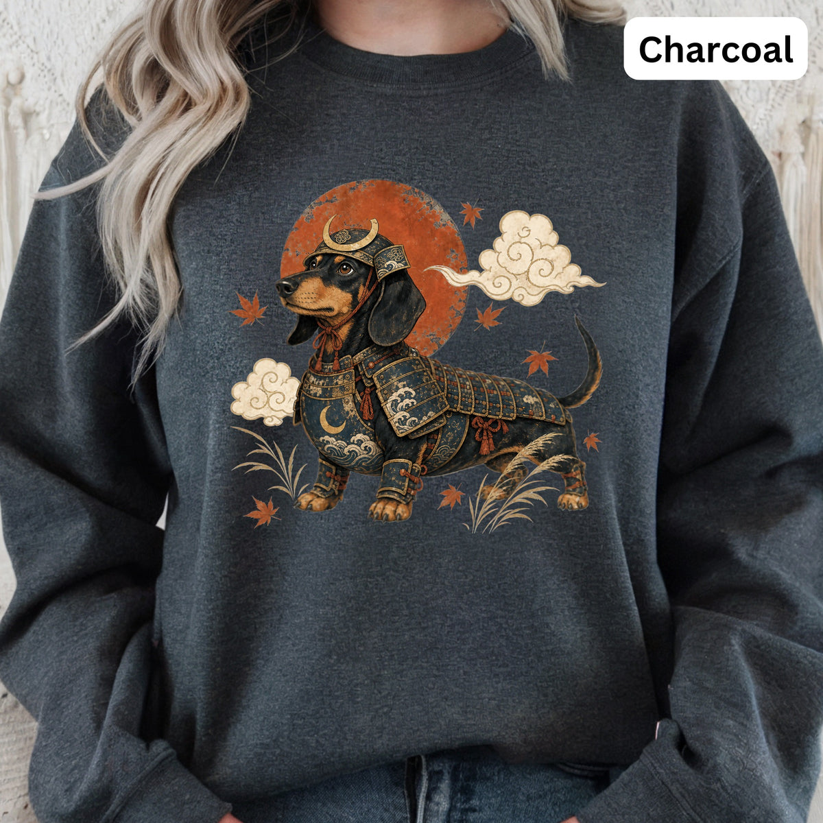 Dachshund in samurai armor with Japanese clouds and maple leaves