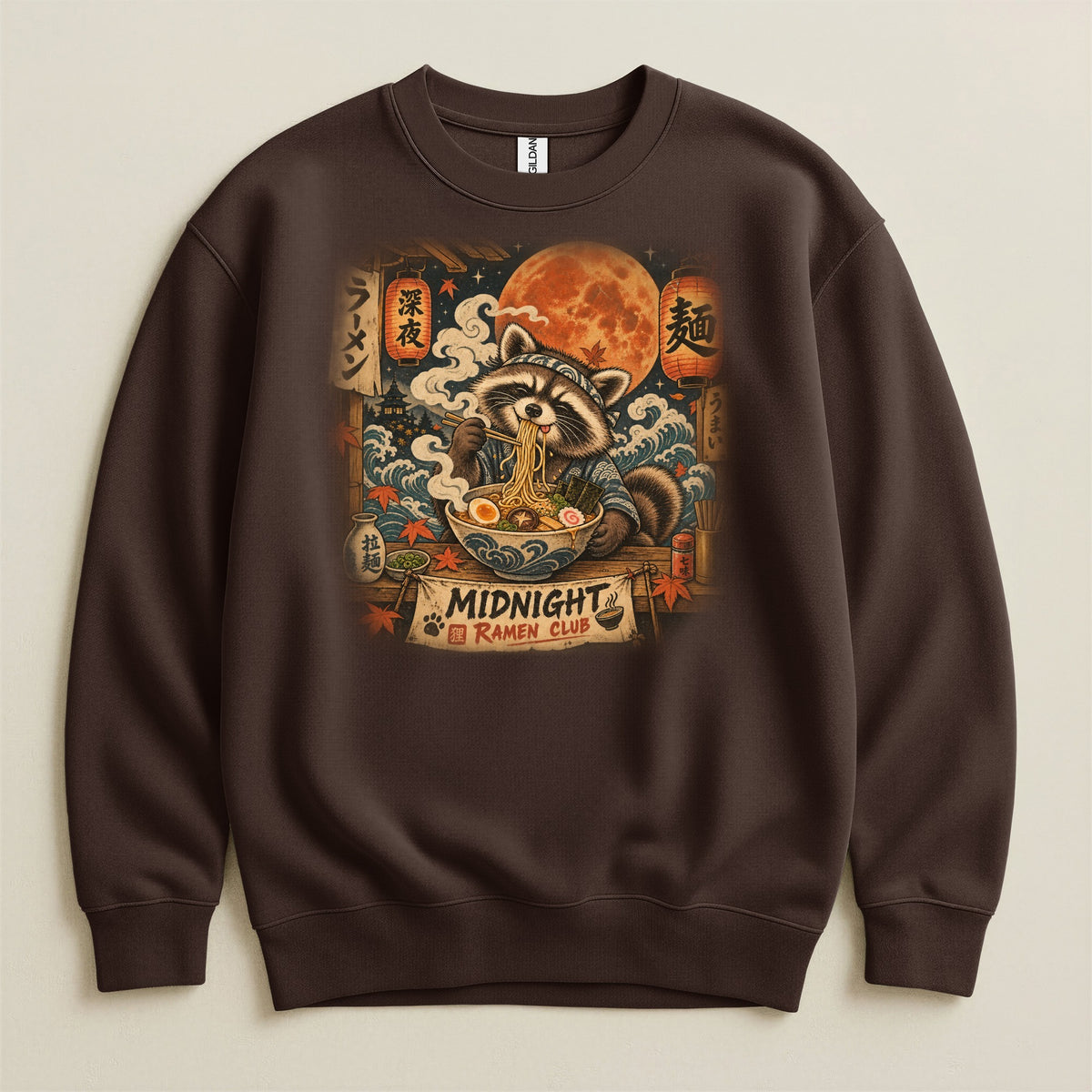 Raccoon eating ramen under a full moon with "Midnight Ramen Club" text.