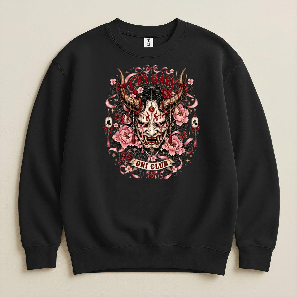 Black sweatshirt with a crying Oni mask, "CRY BABY" and "ONI CLUB" text.