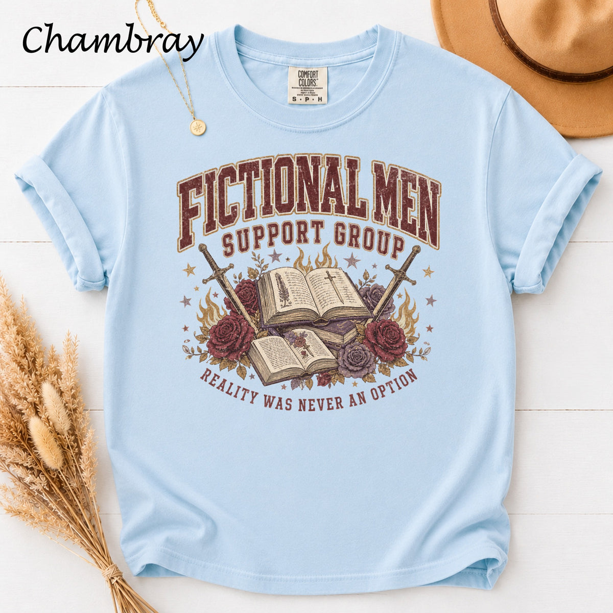 Light blue t-shirt with "Fictional Men Support Group" graphic and swords.