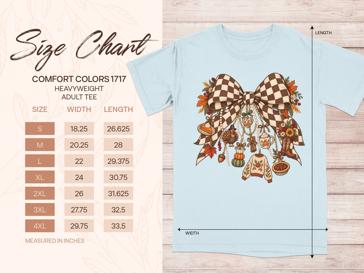 Size chart for Comfort Colors 1717 heavyweight adult tee with size, width, and length measurements in inches.